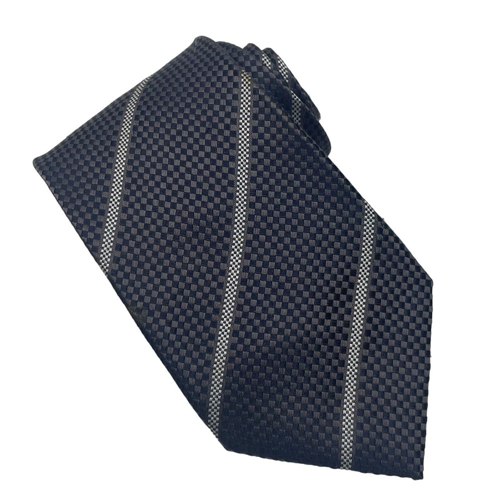 Jhane Barnes Silk Necktie Mens Gray Check Striped Geometric Business Formal